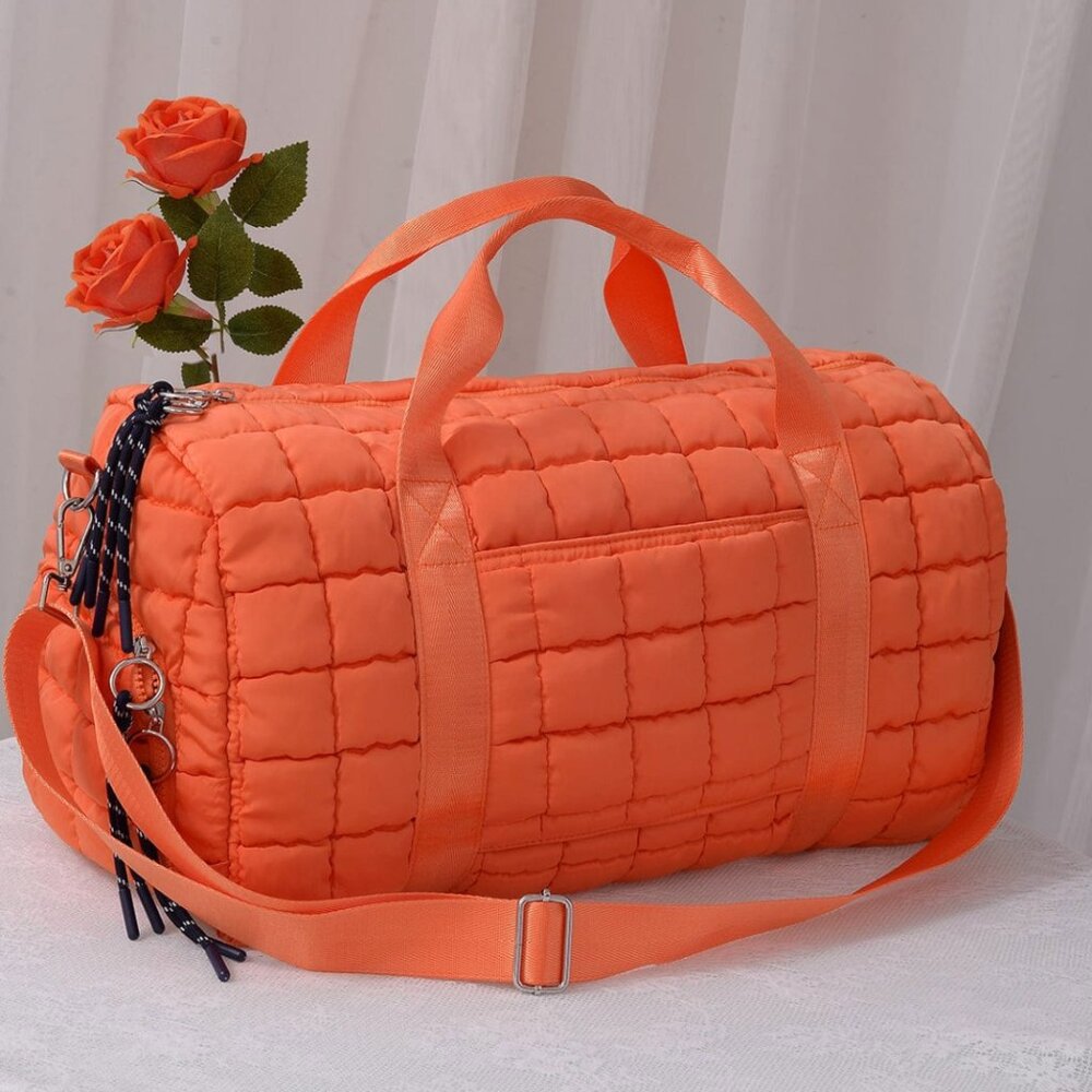 Orange Quilted Puffer Weekender Bag Travel Duffel Tote Carry-On Gym Overnight